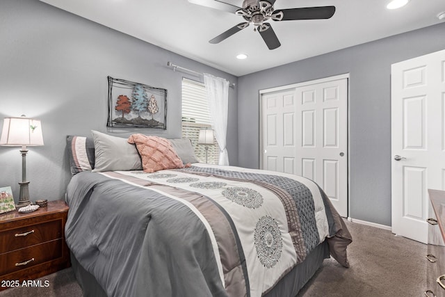 carpeted bedroom featuring recessed lighting, a closet, baseboards, and a ceiling fan