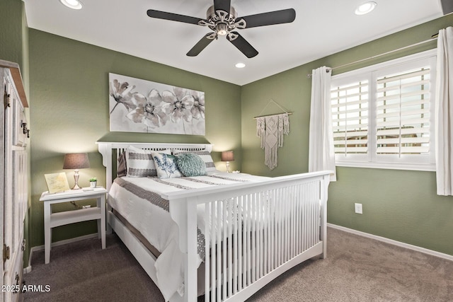 carpeted bedroom featuring a ceiling fan, recessed lighting, and baseboards