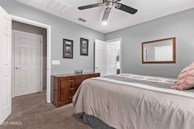 bedroom featuring recessed lighting, visible vents, ceiling fan, and carpet