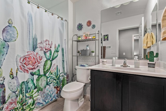 full bathroom with tile patterned flooring, visible vents, curtained shower, toilet, and vanity