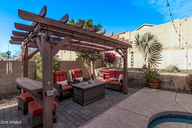 view of patio with outdoor lounge area, a fenced backyard, and a pergola