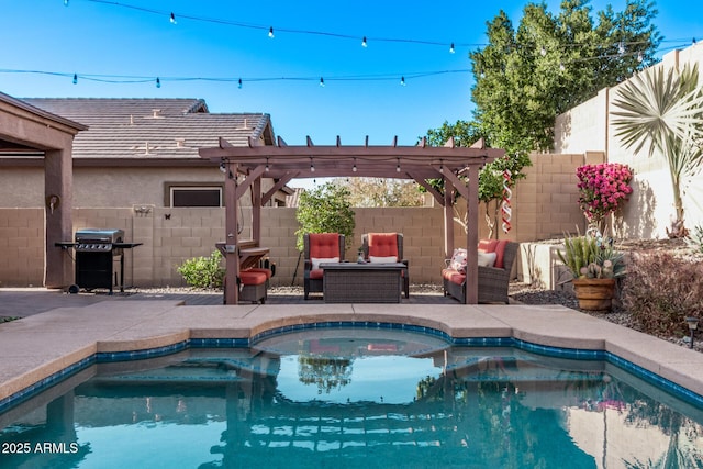 view of pool featuring area for grilling, a fenced backyard, a pergola, a jacuzzi, and a patio area