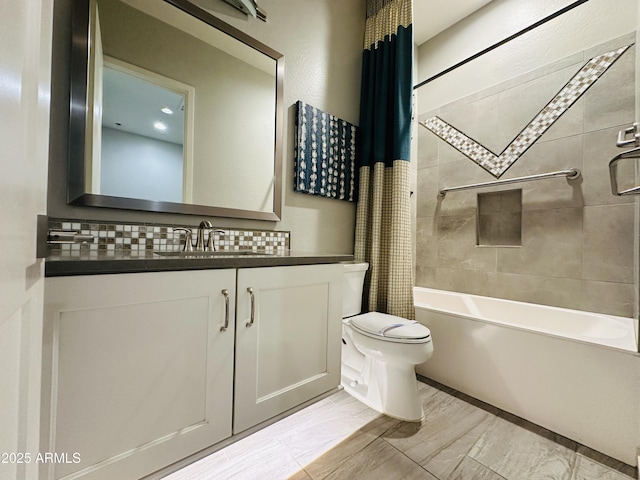 full bathroom featuring vanity, shower / bathtub combination with curtain, backsplash, and toilet