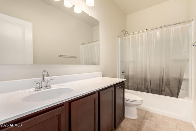 full bathroom with tile patterned floors, shower / bath combo, toilet, and vanity