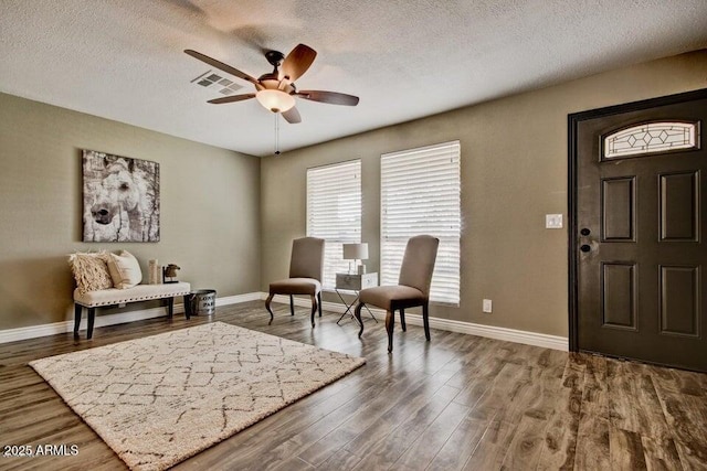 1045 S Solomon St, Mesa, AZ 85204 - living area featuring ceiling fan, wood finished floors, a textured ceiling, and baseboards