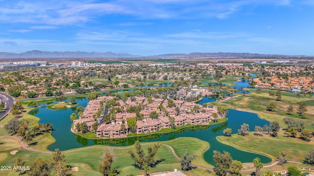 birds eye view of property with a residential view, golf course view, and a water and mountain view