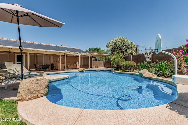 3059 E Tyson Ct, Gilbert, AZ 85295 - view of swimming pool with ceiling fan, a fenced backyard, and a patio