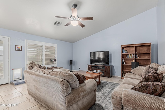 3059 E Tyson Ct, Gilbert, AZ 85295 - living area featuring light tile patterned floors, ceiling fan, and vaulted ceiling