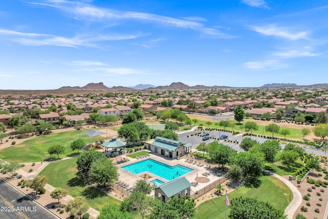 110 E Saddle Way, San Tan Valley, AZ 85143 - aerial perspective of suburban area featuring a pool and mountains