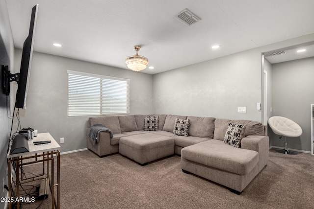 living area featuring recessed lighting, carpet flooring, baseboards, and visible vents