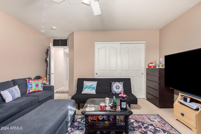 living room featuring light carpet