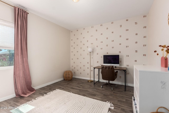 office area with lofted ceiling and dark hardwood / wood-style floors