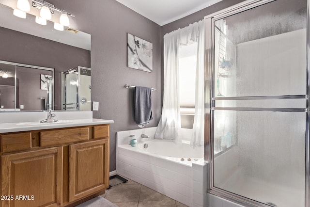 1405 E Aloe Dr, Chandler, AZ 85286 - full bathroom featuring a shower stall, vanity, a garden tub, and tile patterned flooring