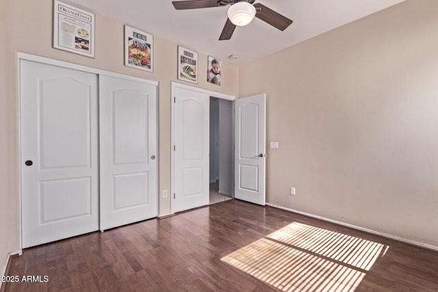 1405 E Aloe Dr, Chandler, AZ 85286 - unfurnished bedroom featuring wood finished floors, a closet, baseboards, and ceiling fan