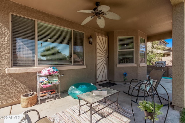 1405 E Aloe Dr, Chandler, AZ 85286 - view of patio / terrace with ceiling fan, a grill, and outdoor dining area