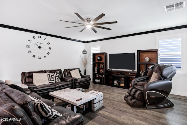 5223 S Axiom, Mesa, AZ 85212 - living room featuring a ceiling fan, ornamental molding, wood finished floors, and baseboards