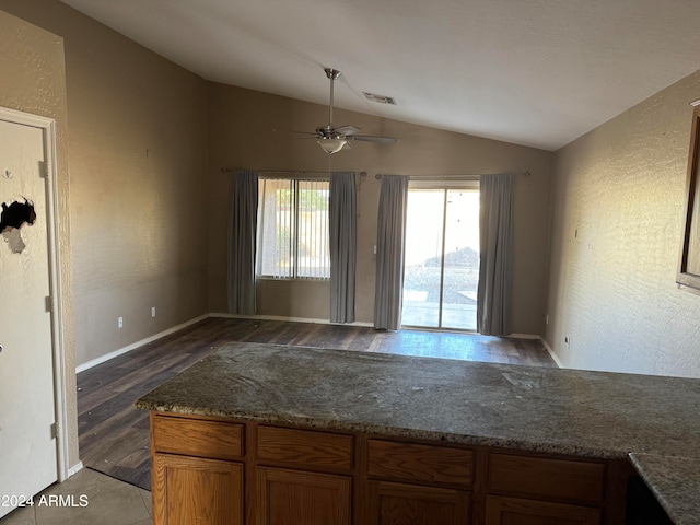 kitchen featuring vaulted ceiling, ceiling fan, and dark wood-type flooring