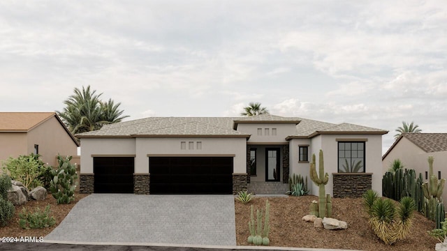 15522 E Chicory Dr, Fountain Hills, AZ 85268 - view of front facade featuring stone siding, an attached garage, stucco siding, and decorative driveway