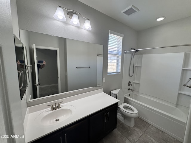 full bathroom with vanity, shower / washtub combination, and toilet