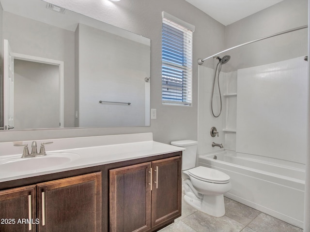 full bathroom with vanity, shower / tub combination, and toilet