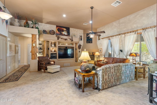 32826 N 54th St, Cave Creek, AZ 85331 - living room with a towering ceiling, a ceiling fan, recessed lighting, and tile patterned flooring