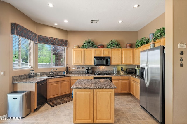 32826 N 54th St, Cave Creek, AZ 85331 - kitchen featuring black appliances, recessed lighting, a center island, light brown cabinets, and dark stone counters