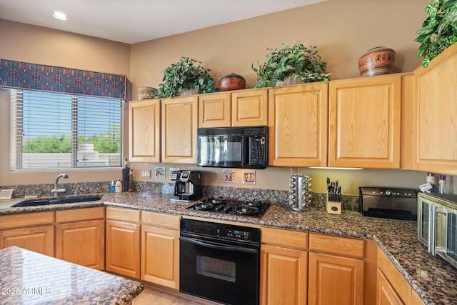 32826 N 54th St, Cave Creek, AZ 85331 - kitchen featuring black appliances, light brown cabinets, and dark stone counters