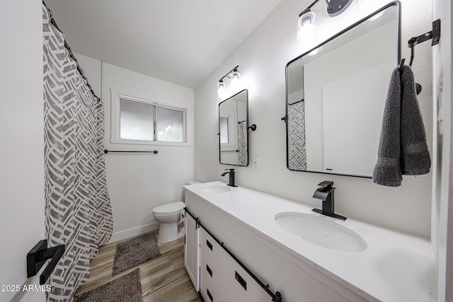 7201 N 16th Dr, Phoenix, AZ 85021 - full bathroom featuring double vanity, toilet, wood finished floors, and a shower with curtain