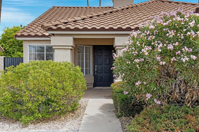 entrance to property featuring stucco siding and a tile roof