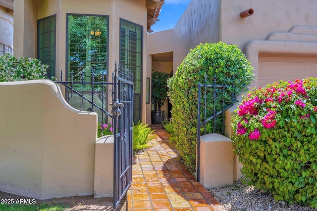 doorway to property featuring stucco siding