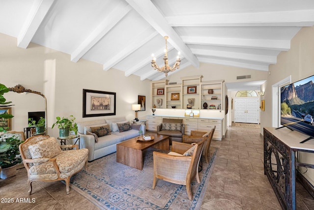 living area with a notable chandelier, visible vents, lofted ceiling with beams, and stone finish floor