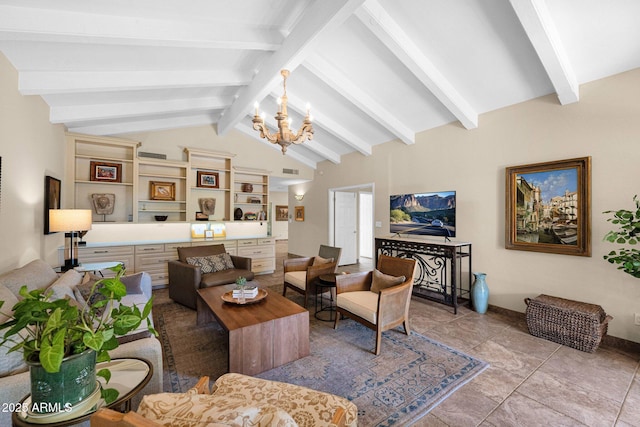 living area featuring baseboards, vaulted ceiling with beams, visible vents, and a chandelier