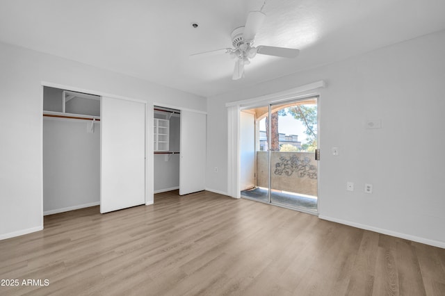 unfurnished bedroom with ceiling fan and light hardwood / wood-style floors