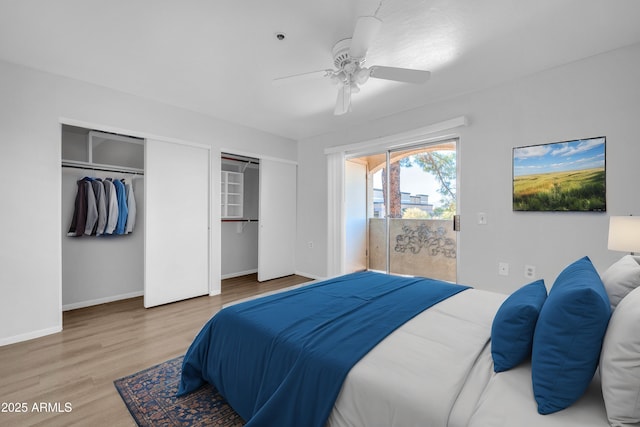 bedroom with hardwood / wood-style floors and ceiling fan