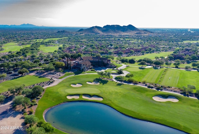 bird's eye view with a water and mountain view