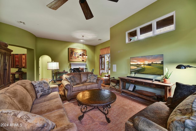 living room featuring ceiling fan