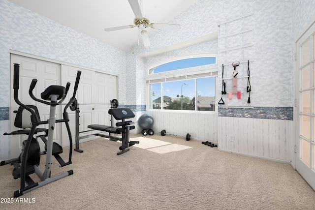 exercise room featuring a ceiling fan, a wainscoted wall, carpet floors, wallpapered walls, and lofted ceiling