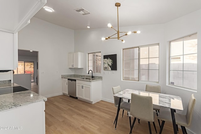 kitchen with pendant lighting, sink, white cabinetry, and dishwasher