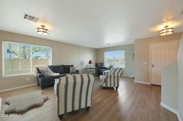 living room featuring a textured ceiling and hardwood / wood-style flooring