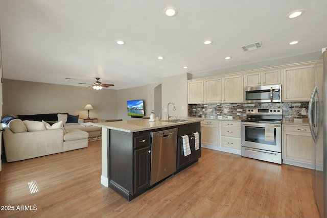 kitchen featuring a center island with sink, stainless steel appliances, ceiling fan, sink, and tasteful backsplash