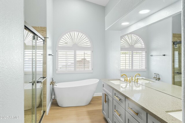 6920 W Via Montoya Dr, Glendale, AZ 85310 - bathroom featuring a stall shower, wood finished floors, and a sink
