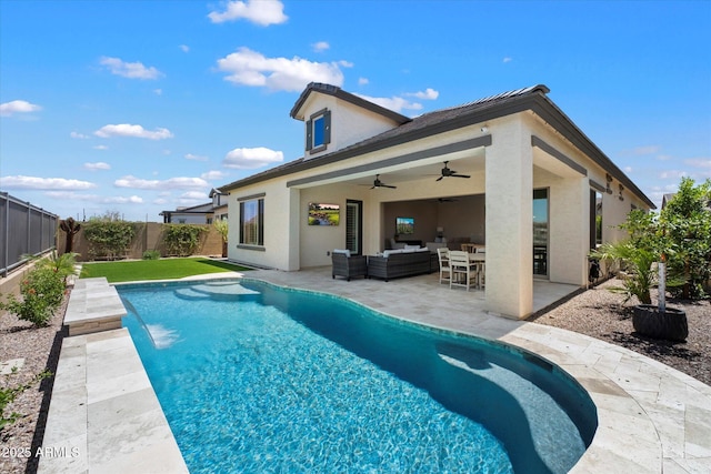 5724 E Scarlet St, Mesa, AZ 85215 - view of swimming pool featuring outdoor lounge area, ceiling fan, a fenced backyard, and a patio area