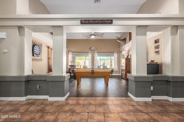 game room featuring billiards, visible vents, baseboards, a ceiling fan, and stone finish floor