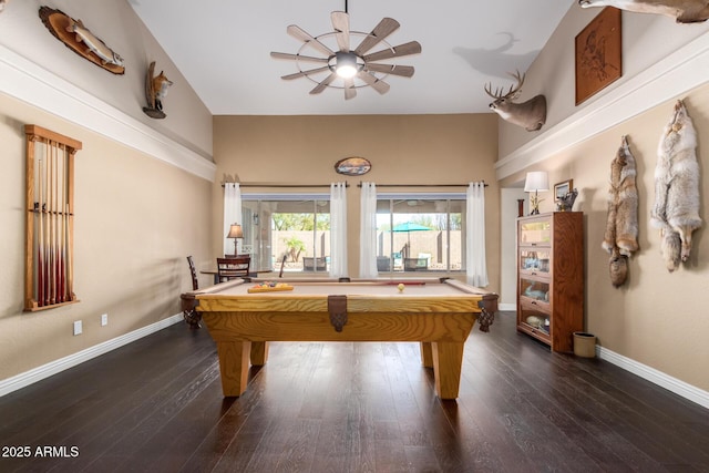 recreation room with dark wood-style floors, pool table, ceiling fan, and baseboards