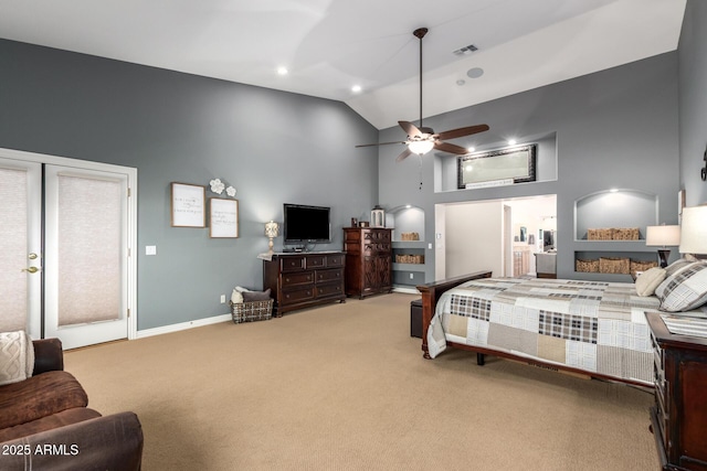 carpeted bedroom with ceiling fan, high vaulted ceiling, recessed lighting, and baseboards