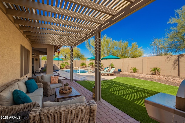 view of patio / terrace featuring a fenced backyard, an outdoor living space, and a fenced in pool