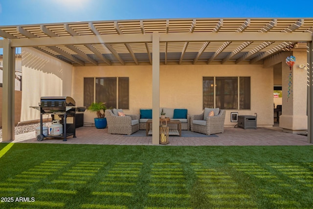 exterior space with a patio, an outdoor living space, a yard, a pergola, and stucco siding