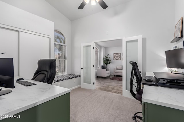 510 S Saddle St, Gilbert, AZ 85233 - office with high vaulted ceiling, a ceiling fan, light carpet, french doors, and baseboards