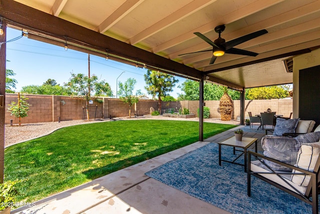 510 S Saddle St, Gilbert, AZ 85233 - view of patio featuring a fenced backyard, ceiling fan, and an outdoor hangout area