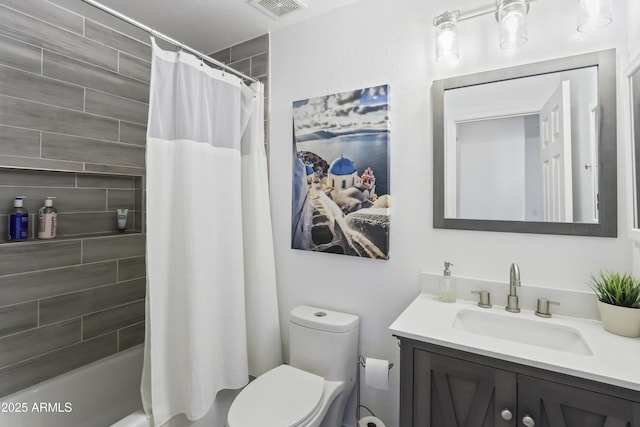 bathroom with shower / bath combo, visible vents, vanity, and toilet